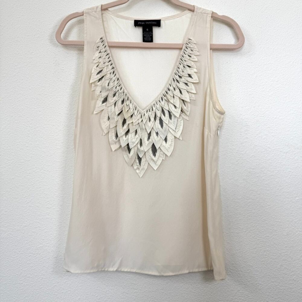 Pink Tartan 100% Silk Sleeveless Top Cream Embroidered Appliqué V‎ Neck Size 6